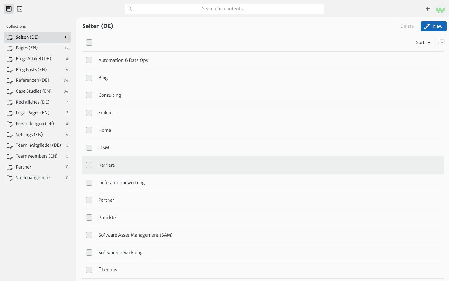 Dashboard-Übersicht im Sveltia CMS